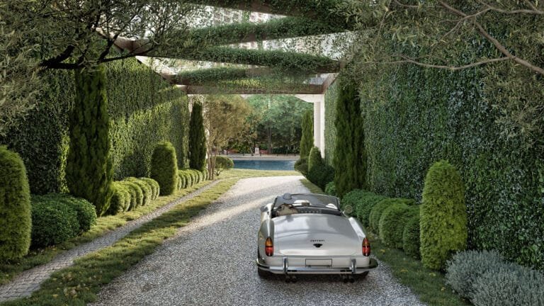 Private garden driveway with classic convertible, manicured hedges, and shaded pergola at Baccarat Residences Brickell Miami.