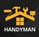 Yellow handyman logo with house roof design, tools, and window graphic on black background with the word "HANDYMAN" below.