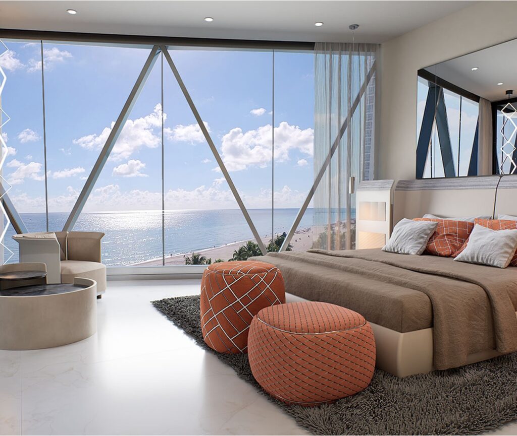 Master bedroom with ocean view, large windows, and stylish decor at Bentley Residences, Sunny Isles Beach