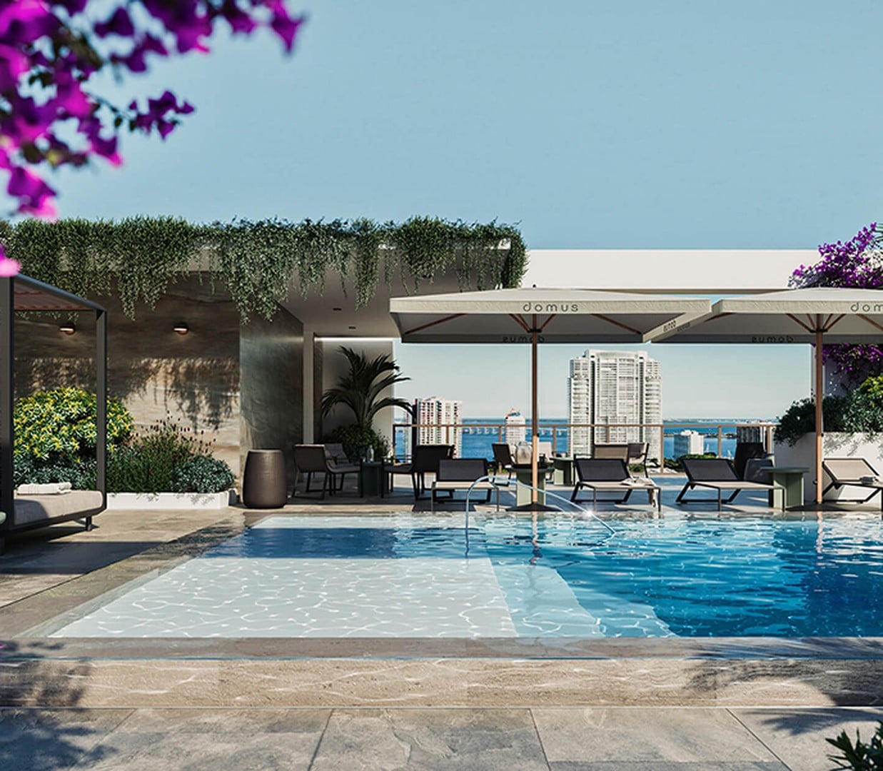 Domus Brickell Miami rooftop pool overlooking Biscayne Bay, offering stunning waterfront views and luxurious outdoor relaxation