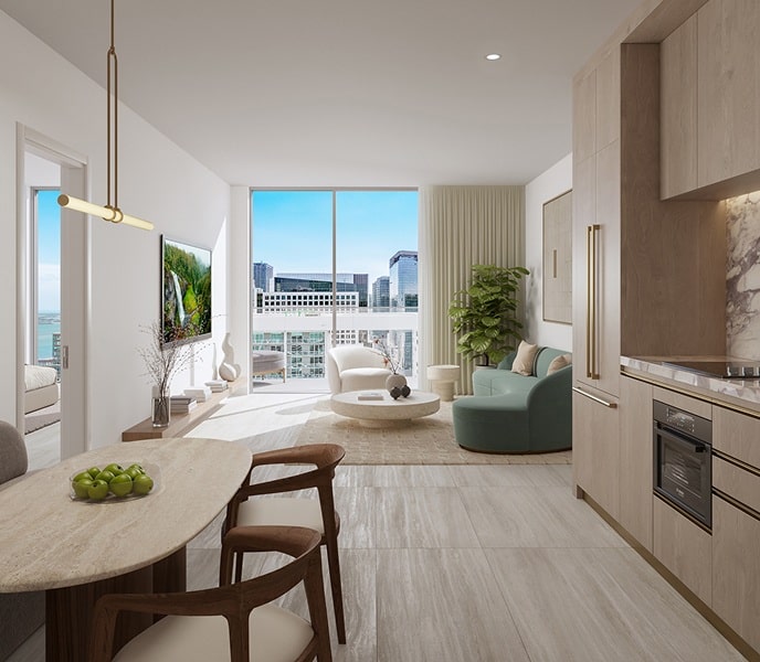 Modern, bright apartment with large windows showing a cityscape. Features a cozy living area, round coffee table, green sofa, and sleek kitchen. Peaceful ambiance.