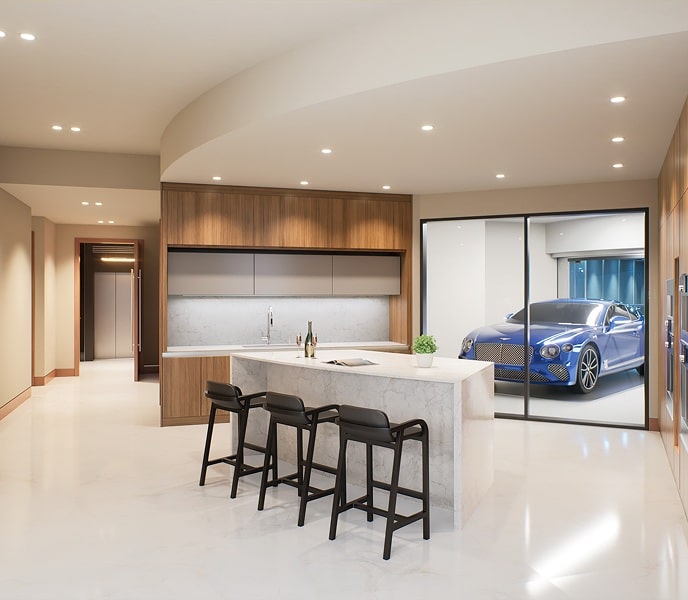 A luxury kitchen with a Bentley in the garage, set in Bentley Residences, Sunny Isles Beach.