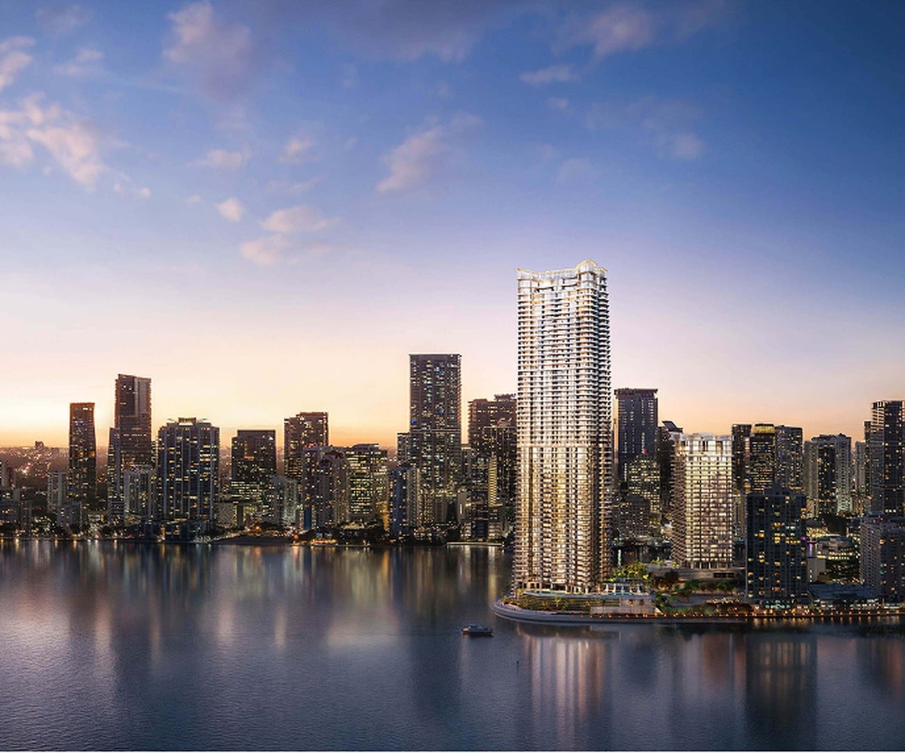 A vibrant city skyline at dusk with a lit-up tall skyscraper prominently in the foreground, reflecting on calm waterfront. The scene conveys urban elegance.