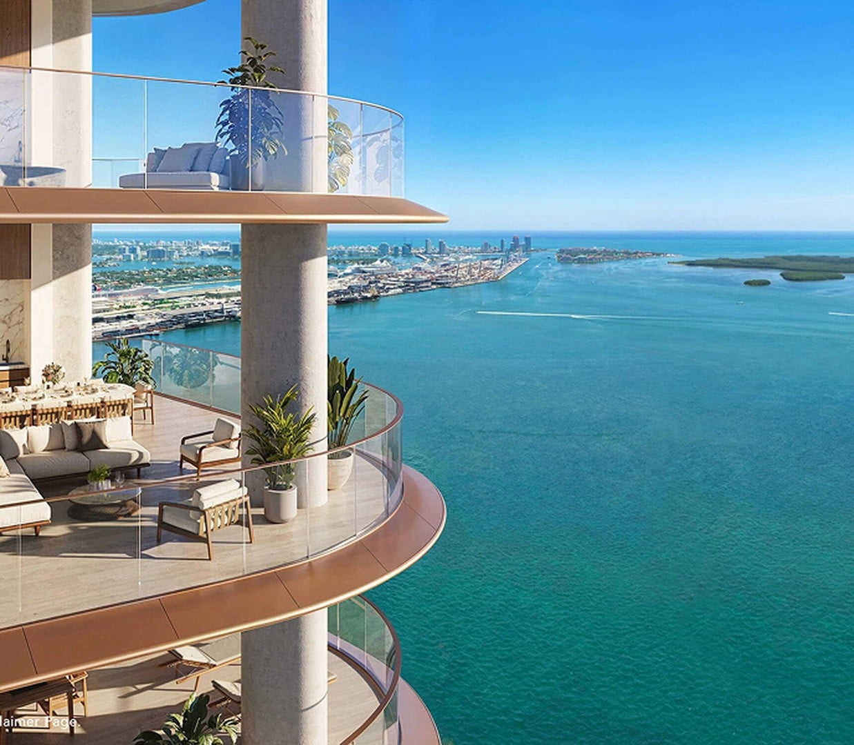 Luxurious balcony with elegant furniture, overlooking a vast turquoise ocean and blue sky. Glass railings enhance the open, serene atmosphere.