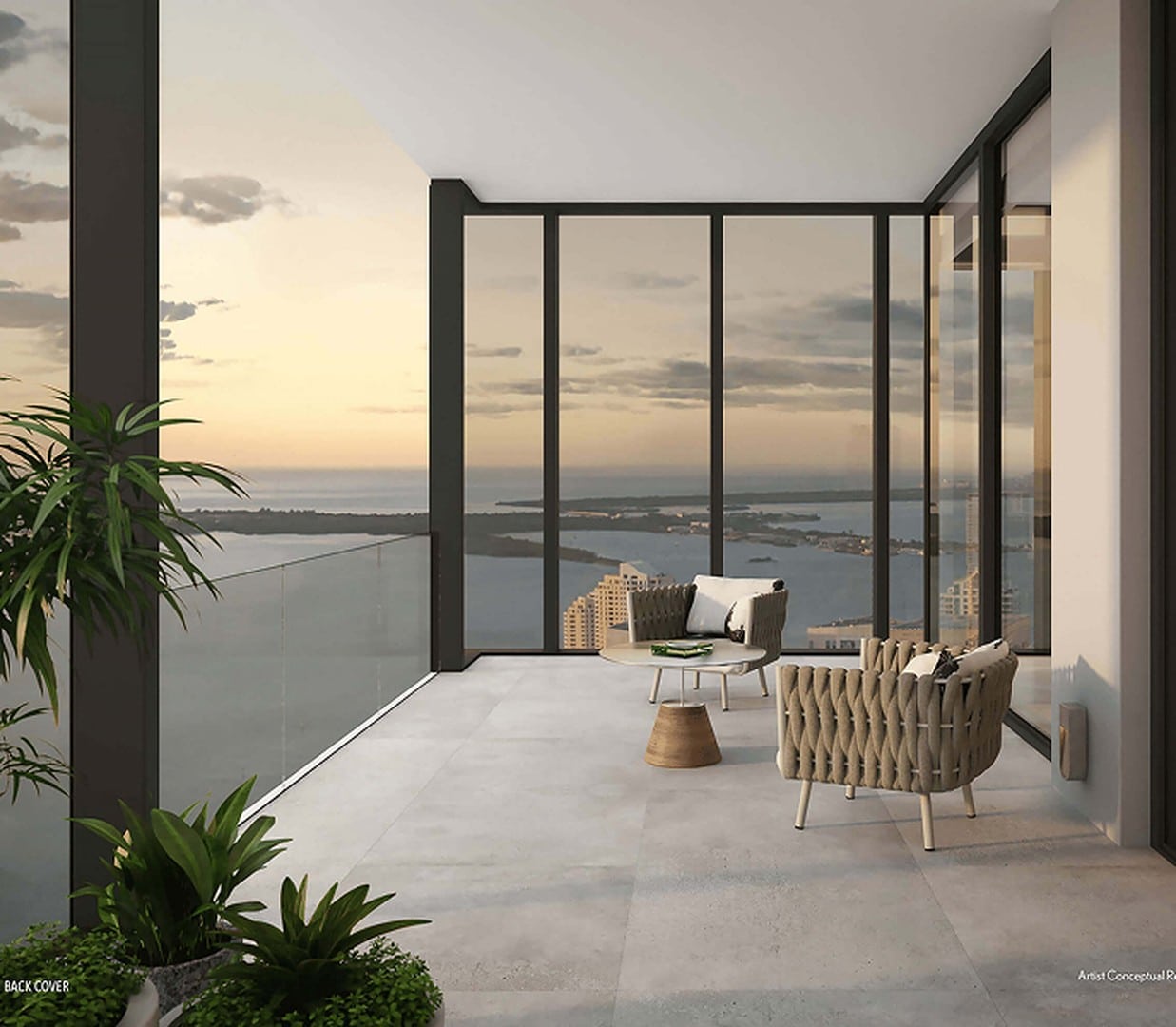 Modern balcony with glass walls overlooking a serene ocean sunset. Cozy seating, green plants, and soft lighting create a peaceful, inviting ambiance.