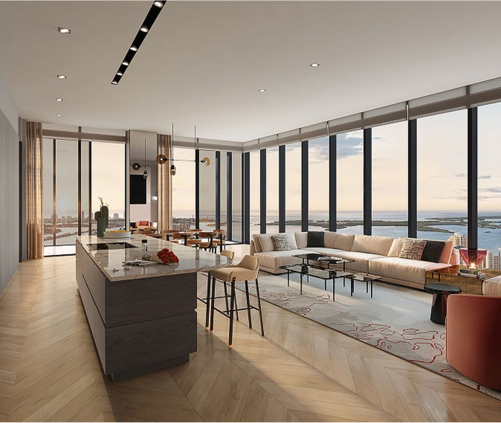Luxurious penthouse with floor-to-ceiling windows showcasing a city and ocean view. Modern kitchen, chic living area, warm lighting, and elegant decor.