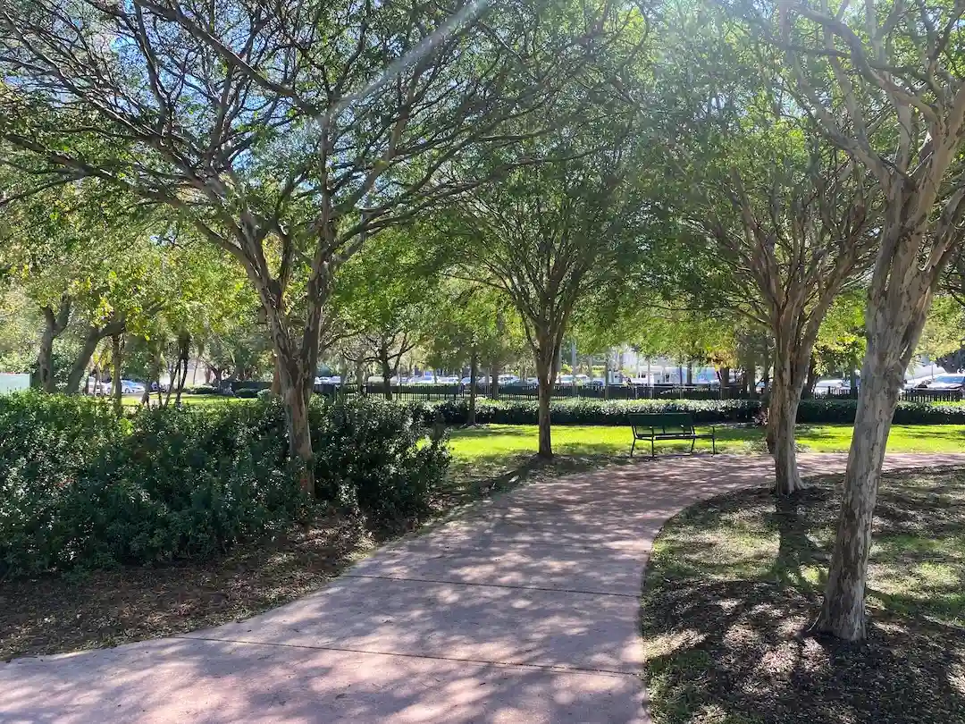 Shaded walking path with trees and benches in Belle Isle, a residential island neighborhood in Miami Beach.