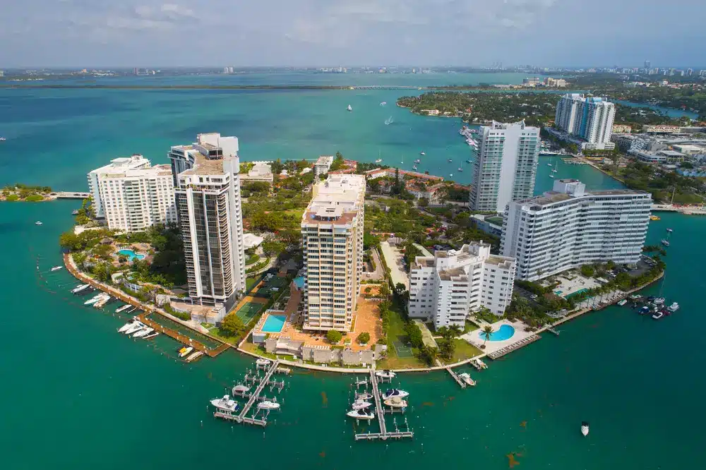 Aerial view of waterfront condominium buildings on Belle Isle in Miami Beach