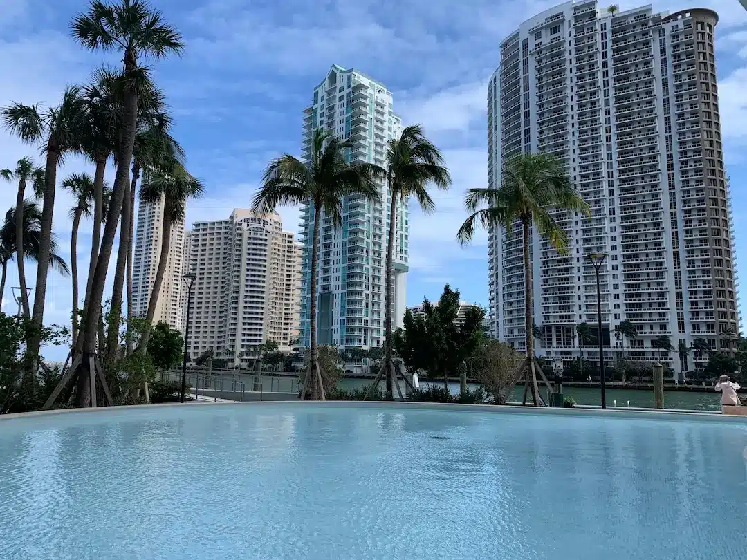 Waterfront pool and high-rise condominiums on Brickell Key, Miami.