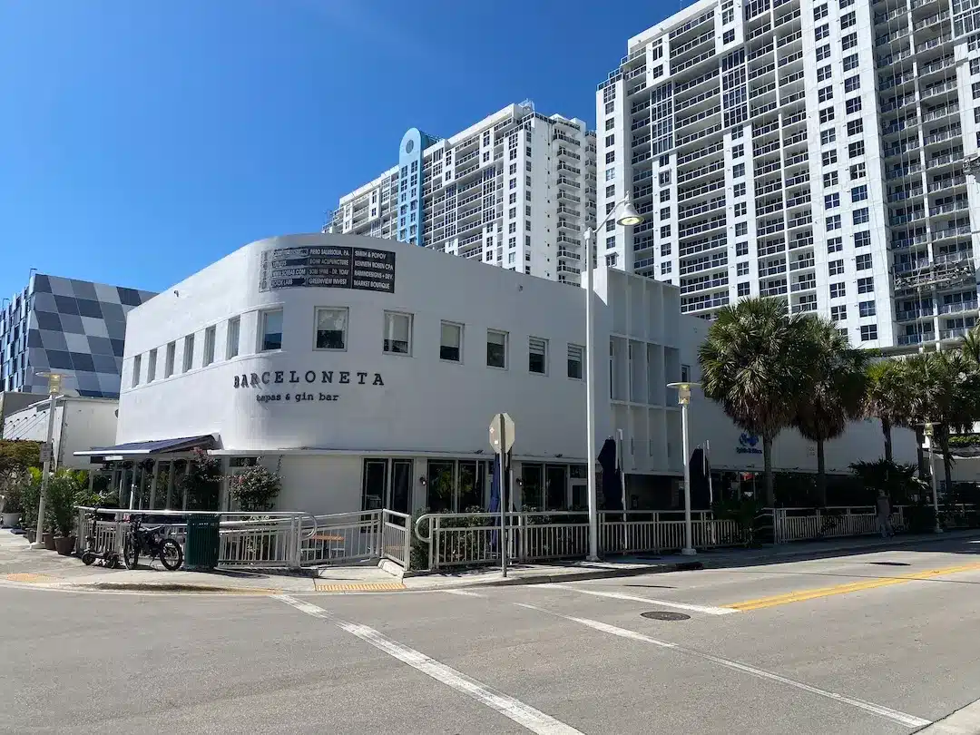 Street view of Barceloneta tapas and gin bar near the Sunset Islands neighborhood in Miami Beach.