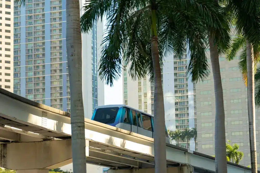 Metrorail train passing through Downtown Miami framed by palm trees and high-rise buildings, highlighting urban transit and city living.