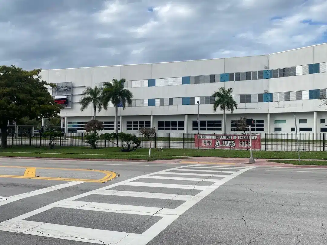 Exterior view of Miami Beach Senior High School in Miami Beach, Florida.