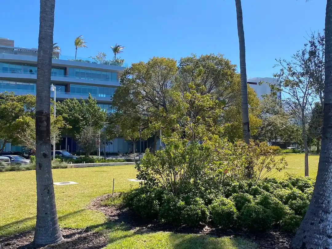 Green open space with trees and modern waterfront condominium buildings nearthe Sunset Islands neighborhood of Miami Beach.