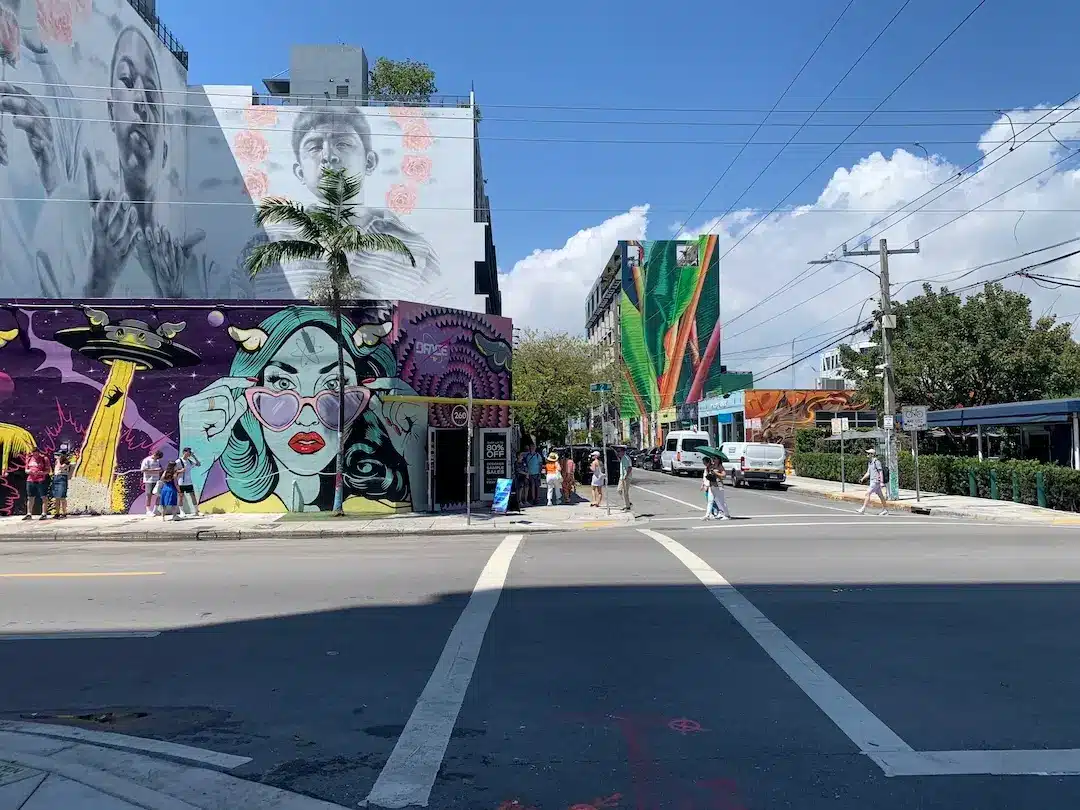 Street art murals and pedestrian intersection in Wynwood, Miami.